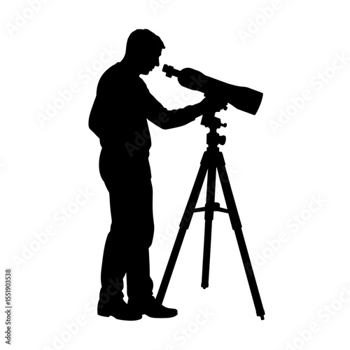 Man observing through telescope silhouette on a white background  