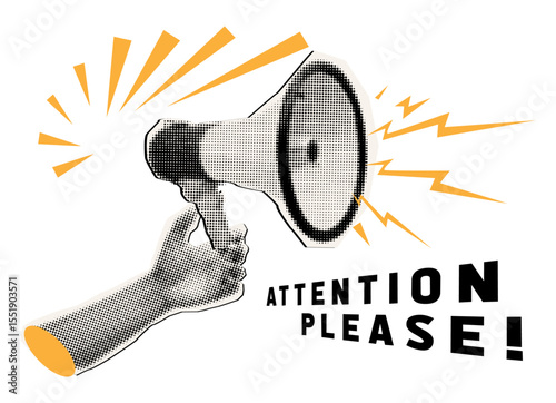 Important message attention please poster, megaphone in hand in retro halftone style, trendy collage element cut out from magazine