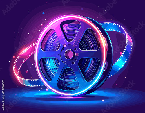 Digital Film Reel with Glowing Neon Lights in Pixelated Style on Dark Background