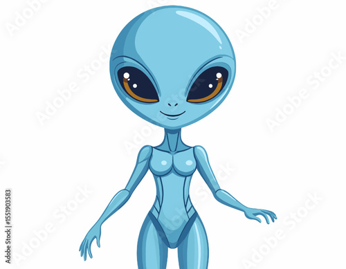 Digital Illustration of a Cute Smiling Blue Alien Character with Large Eyes on a White Background