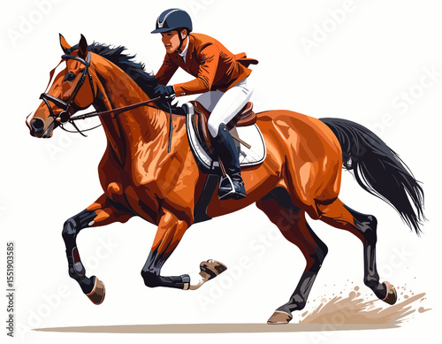 Digital Illustration of a Bay Horse and Jockey at Full Speed in Orange Outfit and Dark Helmet on White Background