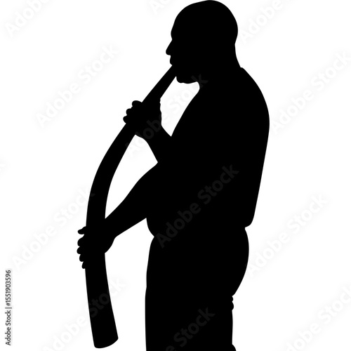 Silhouette of a man playing a long instrument against a white background  