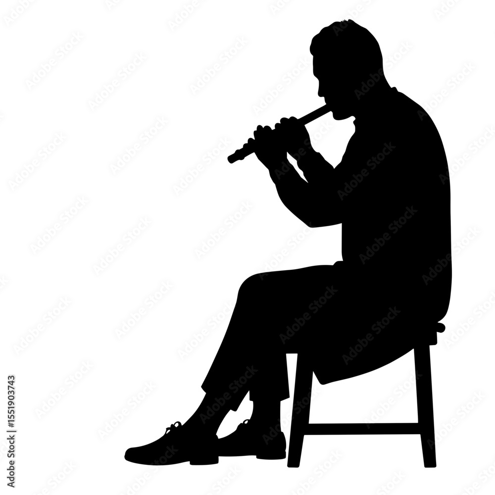 Naklejka premium Silhouette of a man playing flute while sitting on a chair 