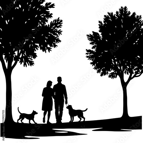 Couple walking dogs under trees in silhouette concept  
