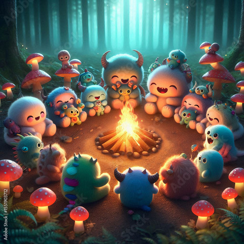 Cute tiny baby monsters cuddled in a circle around a warm fire