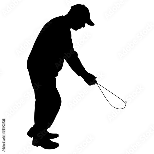 Silhouette of a man fishing with a rod on a white background  