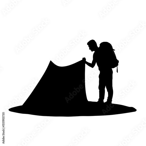 Hiker setting up tent silhouette against a white background  