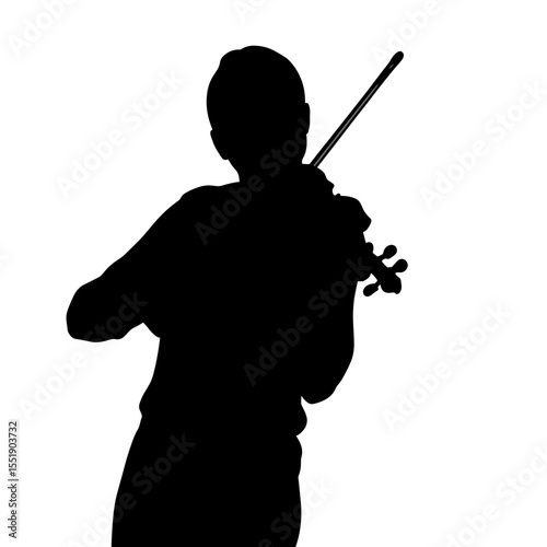 Young musician playing violin silhouette against white background  