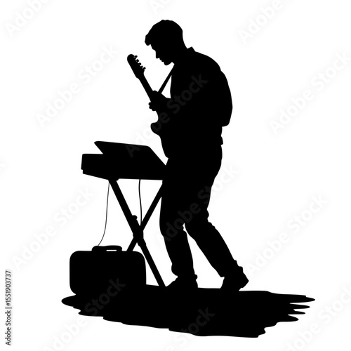 Musician playing guitar while standing at keyboard silhouette  