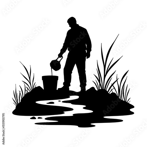 Silhouette of a man pouring water into a bucket next to a stream  