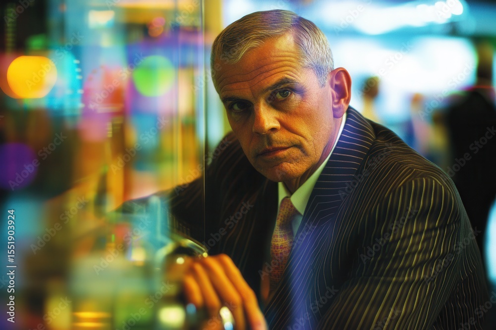 Obraz premium Businessman in Pinstripe Suit with Reflective Background in Urban Setting