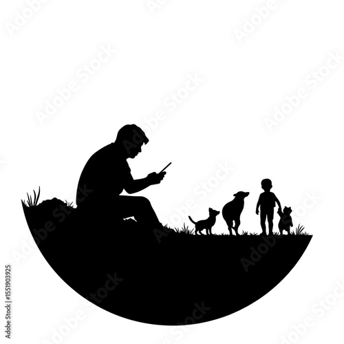 Man sitting and using smartphone near child and dogs silhouette  