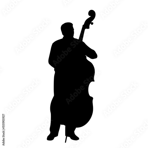 Musician playing double bass silhouette on white background  