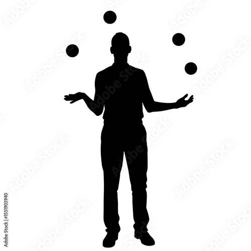 Silhouette of a person juggling balls against a white background  