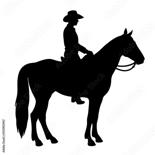 Silhouette of a cowboy riding a horse in profile view  