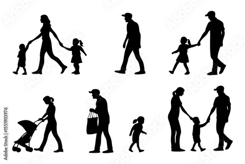 Family Silhouettes Collection: A collection of diverse family silhouettes depicting parents and children engaged in everyday activities such as walking, shopping, and strolling with a baby carriage.