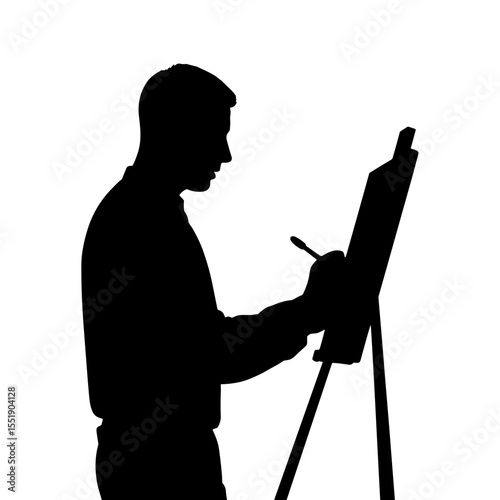 Man drawing on easel in silhouette against white background  