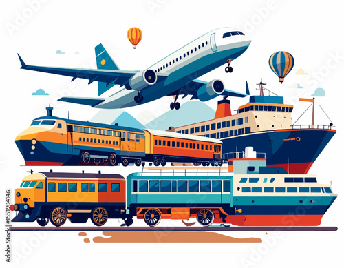 Diverse Transportation Modes Including Airplane Train and Ship on White Background