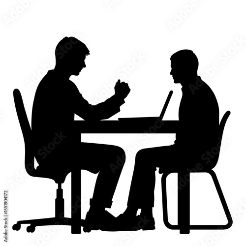 Two men discussing ideas while sitting at a table silhouette  
