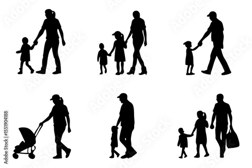 Family Silhouette Collection: A set of silhouettes depicts various families in simple, graphic, and elegant moments, featuring parents walking with children.
