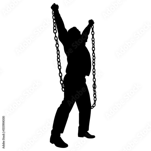 Man in silhouette raising chains triumphantly against white background  
