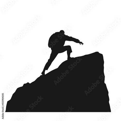 Silhouette of a climber reaching for the top of a rocky peak  