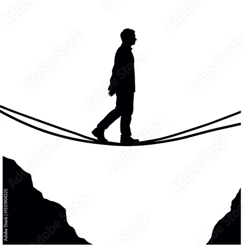 Man walking on tightrope over chasm depicting concept of silhouette  