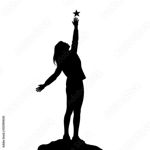 Silhouette of woman reaching for a star in a confident pose  