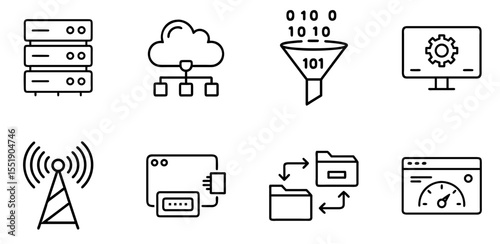 Data Processing and IT Infrastructure Line Icons - Server, Cloud, Network, and Technology Vector Set