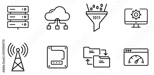 Data Processing and IT Infrastructure Line Icons - Server, Cloud, Network, and Technology Vector Set