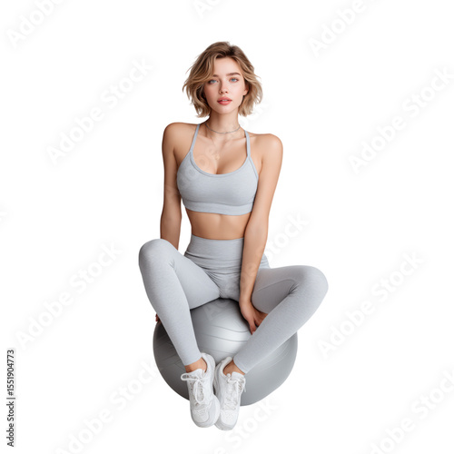 Full body of young woman seated on grey yoga ball, wearing light athletic wear, relaxed and confident, fitness studio background, healthy lifestyle concept