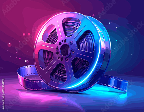 Film Reel with Blue and Pink Neon Lighting in a Dark Background