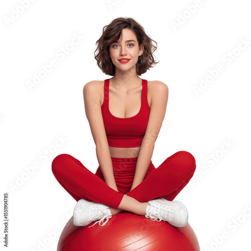 Young woman in red sportswear sitting cross legged on red exercise ball, smiling confidently, isolated on transparency background, fitness and healthy lifestyle concept