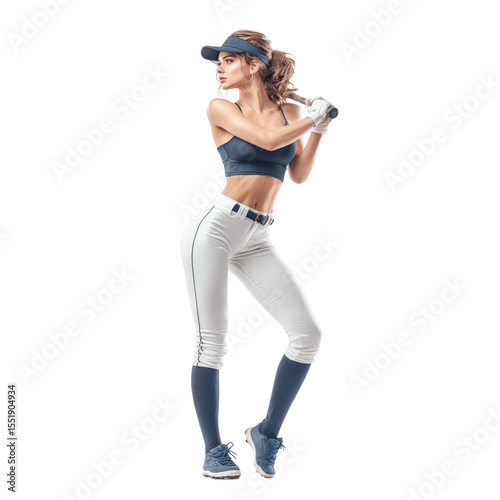 Full body view of athletic female baseball player in action pose, wearing sports uniform, cap, and gloves, showing determination and focus, isolated on transparency background