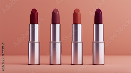 Four lipsticks in varied shades stand against matching backdrop beauty essentials
