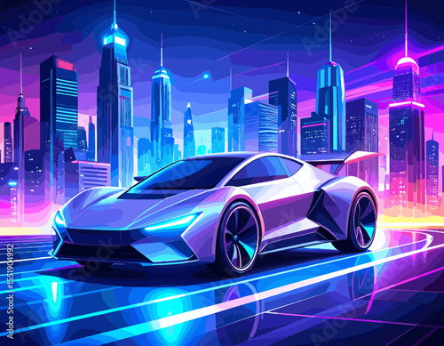 Futuristic Sport Car Racing Through a Neon Lit Cityscape at Night in a Pixel Art Style