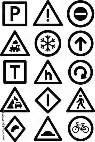 A vibrant vector set of road and traffic signs, including warning triangles and directional arrows, provides essential safety illustrations for street and car navigation