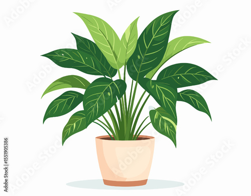 Green Leafy Houseplant in Beige Pot Isolated on White Background