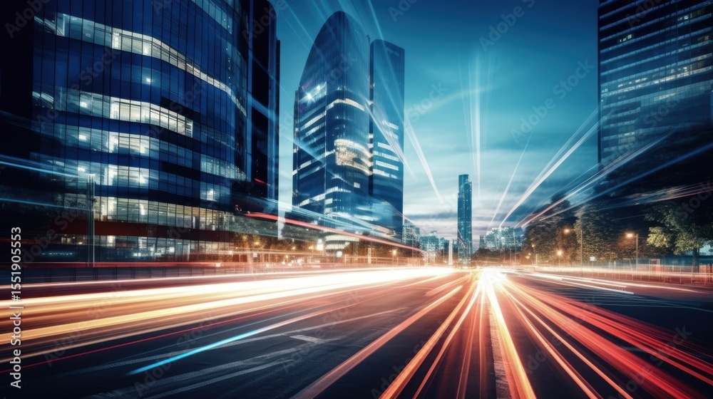 Fototapeta premium Light trails on the modern building background. Light trails at night in urban environment, Abstract Motion Blur City, traffic, transportation, street, road, speed