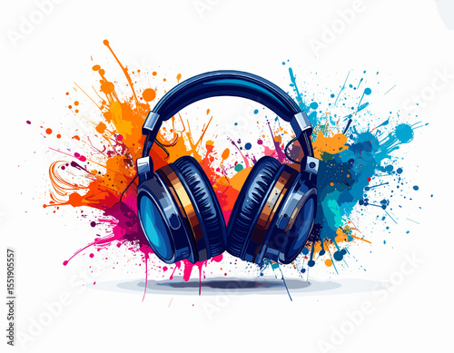 Headphones on Splashes of Colorful Paint Abstract Art on White Background