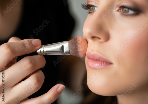 Beauty Makeup Application. Professional artist expertly applies cosmetic products to a model's skin with a brush. This image conveys the art of transformation and refined elegance preparation.
