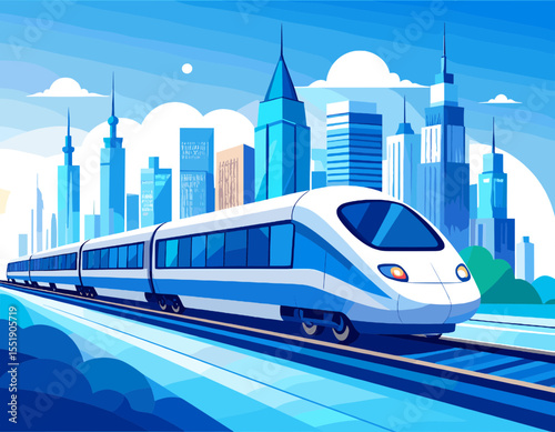 High Speed Train in a Blue Pixelated Cityscape with a Futuristic Locomotive and Modern Buildings Under a Cloudy Sky