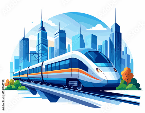 High Speed Train Passes Through Modern City Skyline with Blue Buildings and Pixelated Sky in Digital Art Style