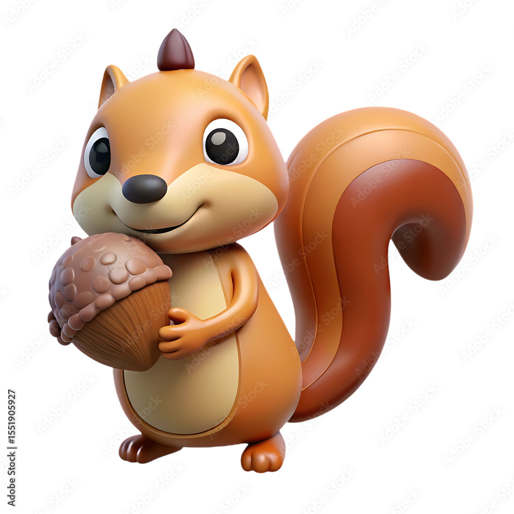Naklejka premium Adorable 3D Cartoon Squirrel Holding an Acorn, Autumn Forest Animal Character...