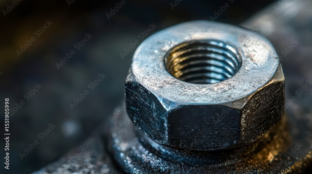Close-up of a metallic hex nut with visible threads and texture. Close-up of a metallic hex nut with visible threads and texture.