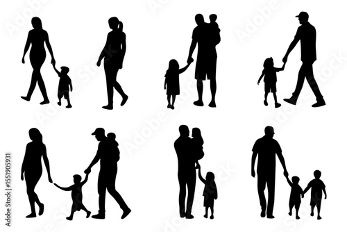 Silhouette Family: A collection of family silhouette outlines showing parents and children in various poses, conveying love, togetherness, and the journey of family life. 