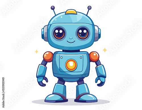 Illustration of a Cute Blue Toy Robot Character with Shiny Metallic Details in White Background
