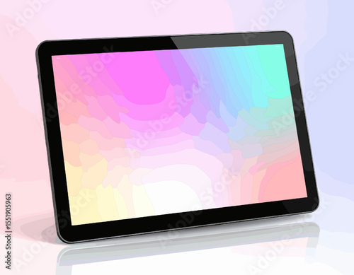 Illustration of a Tablet Device with Gradient Screen and Black Frame on White Reflective Surface Isolated on Gradient Background