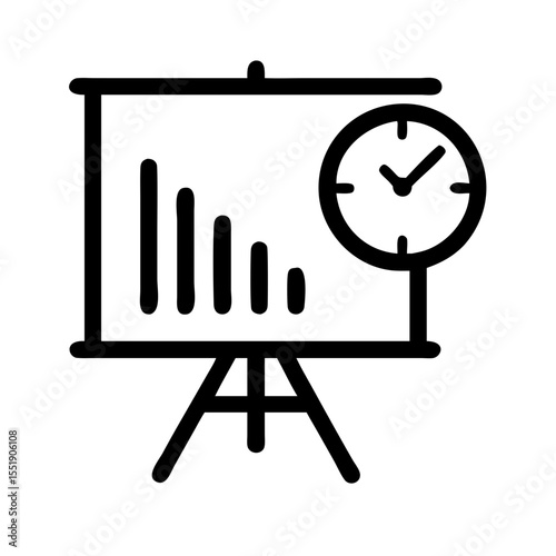Presentation board displays a decreasing graph with a clock indicating time management isolated on white background