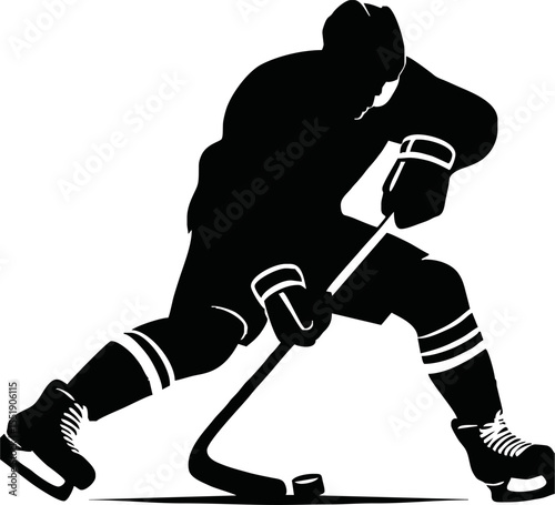 Ice hockey player vector silhouette. Hockey player shoots the puck on goal, isolated silhouette. Shooting hockey player
